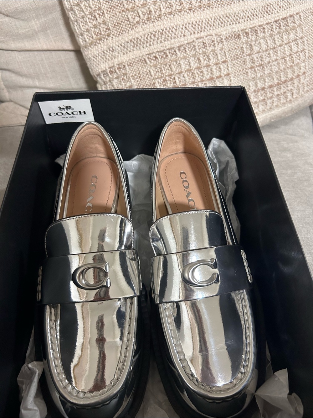 Coach Metallic Silver Penny Loafers